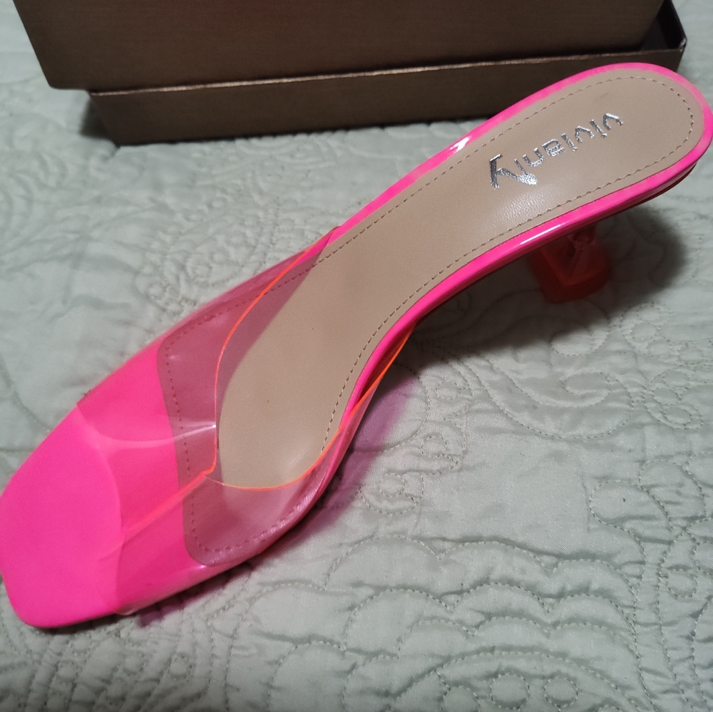New Shoes: neon pink slides,  2 inches size 11, $10. Dusty Rose sz 10, $10
